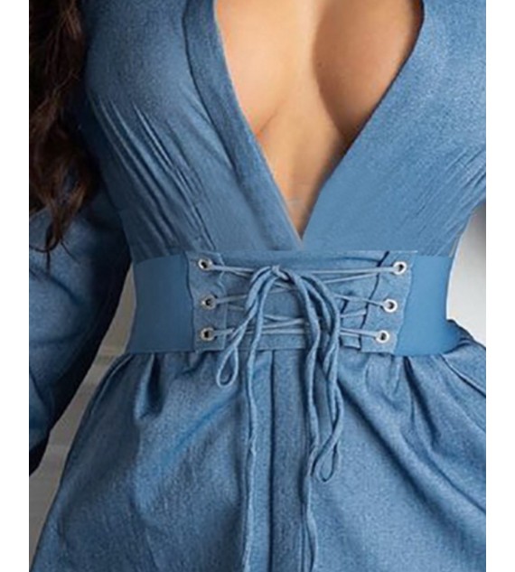 Long Sleeve Denim Shirt Dress With Eyelet Lace-up Corset