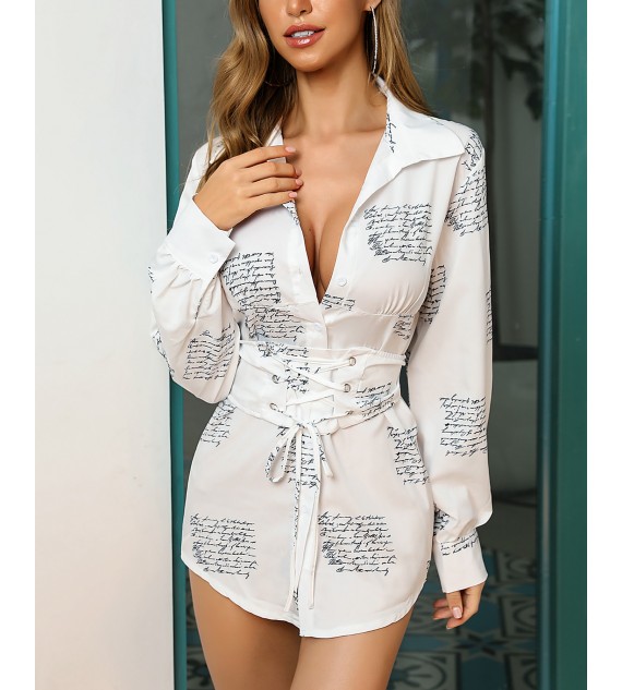 Letter Print Eyelet Lace-Up Women Shirt Dress