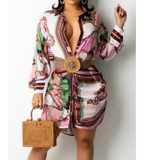 Chain Print Drop Shoulder Button Up Shirt Dress