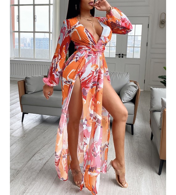 Color High Slit Plunge Lantern Sleeve Maxi Dress