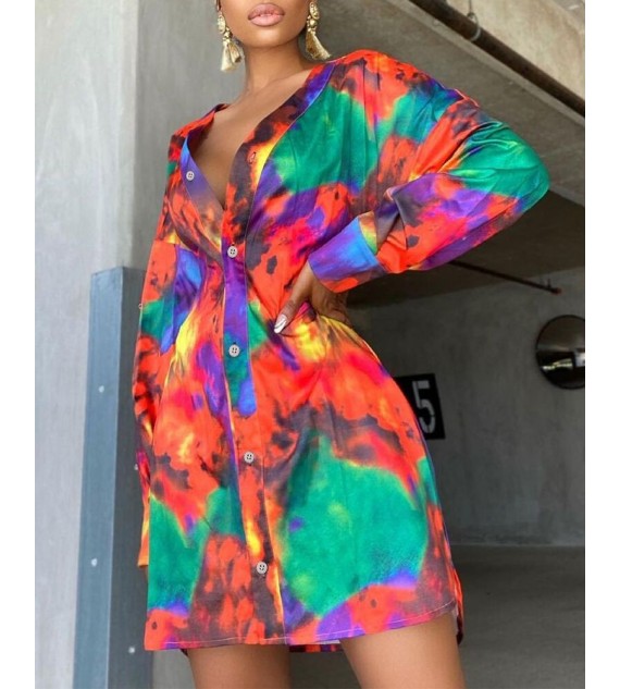 Tie Dye Long Sleeve Button Front Shirt Dress