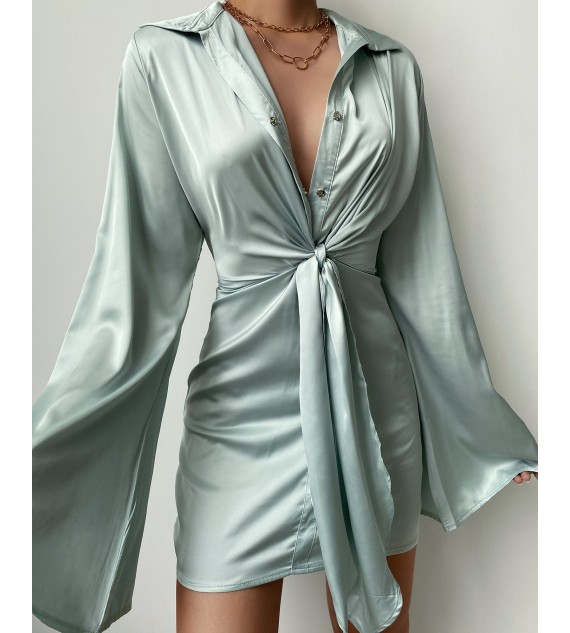 Bell Sleeve Tie Front Satin Shirt Dress