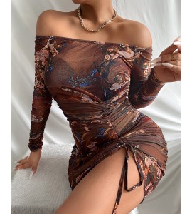 Floral Print See Through Drawstring Ruched Bodycon Dress