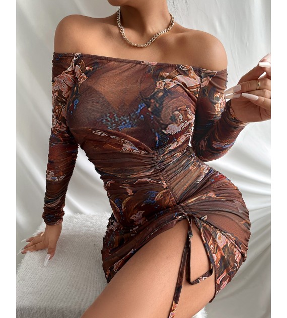 Floral Print See Through Drawstring Ruched Bodycon Dress