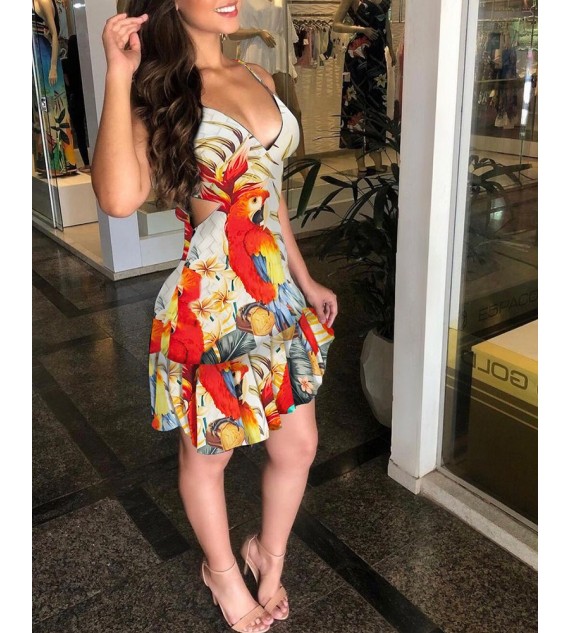 Floral Print Ruffle Hem Cutout Sleeveless Dress