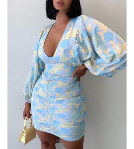 Floral Pattern Print Lantern Sleeve Ruched Bodycon Dress Sexy V-neck Dress