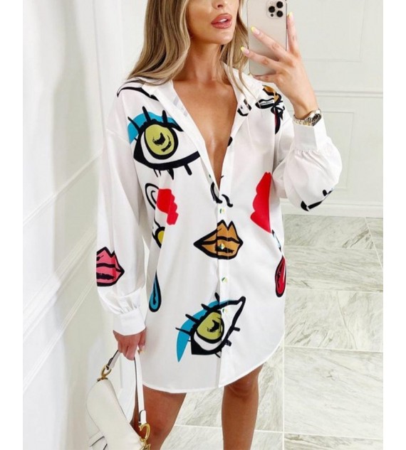 Lip Eye Print Drop Shoulder Button Up Shirt Dress Casual Loose Daily Shirt Dress