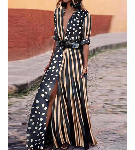 Dots & Stripes Plunge Slit Maxi Women Dress