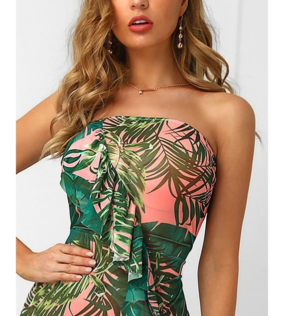 Leaf Printed Irregular Ruffles Hem Tube Dress