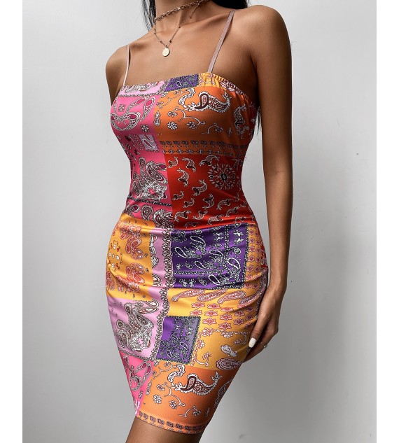 Paisley Print Spaghetti Strap Square Neck Bodycon Dress