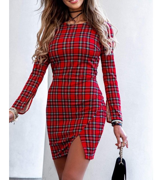 Plaid Cutout Back Slit Bodycon Women Dress