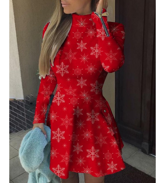 Christmas Snowflake Print Zip Decor Dress1