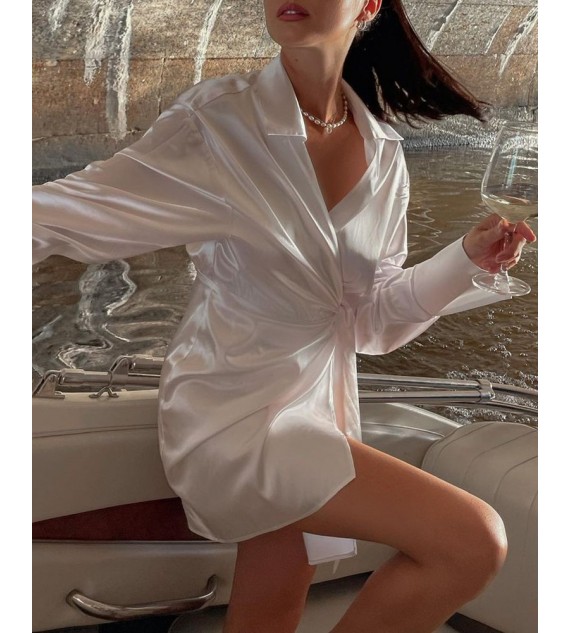 Twisted Tied Detail Satin Long Sleeve Shirt Dress