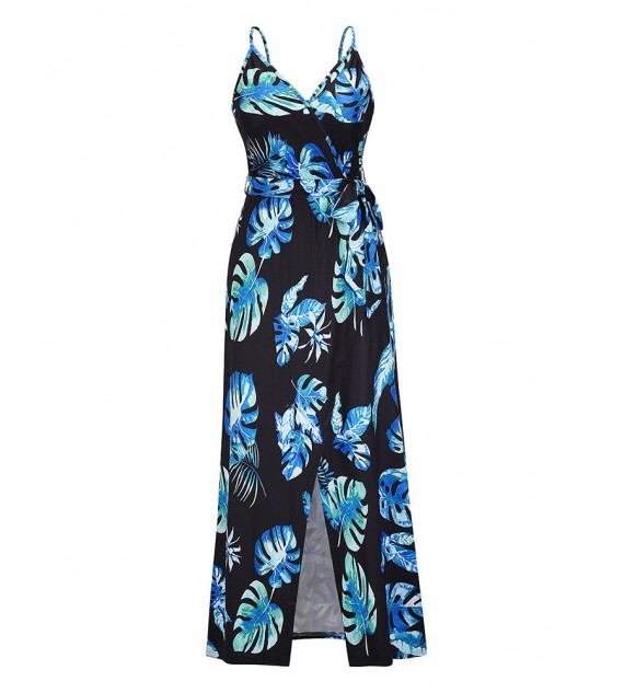 Tropical / Polkadot Print Striped High Slit Maxi Dress