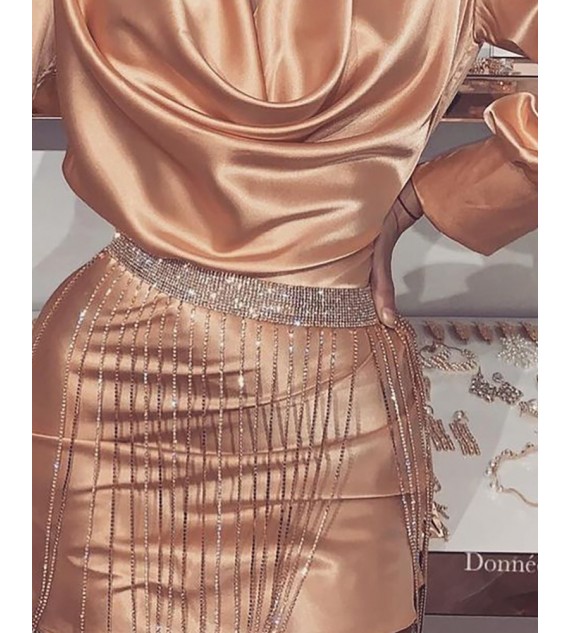 Cowl Neck Long Sleeve Satin Shirt Dress Without Belt