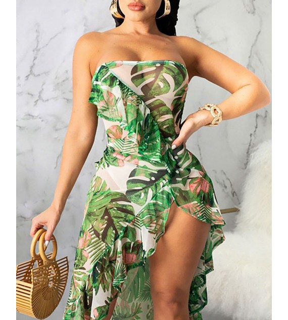 Tropical Print Ruffle Dip Hem Mesh Dress