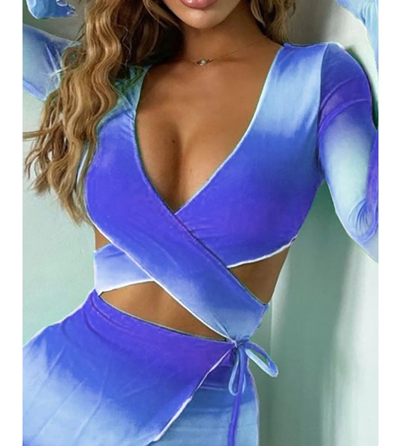 Ombre Bandage Cutout Crop Top & Frill Hem Skirt Set Suits V-Neck Hollow Out Top & ny Bottom