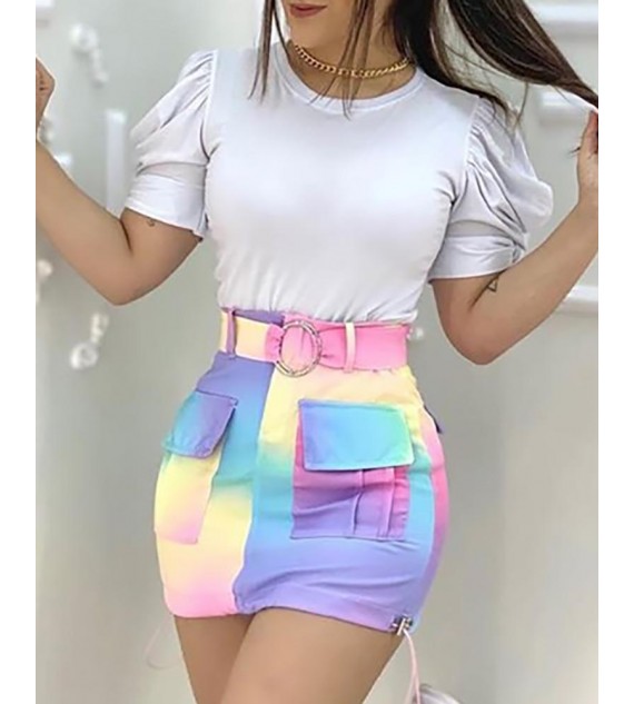 Puffed Sleeve Top & Color Pocket Design Skirt Set