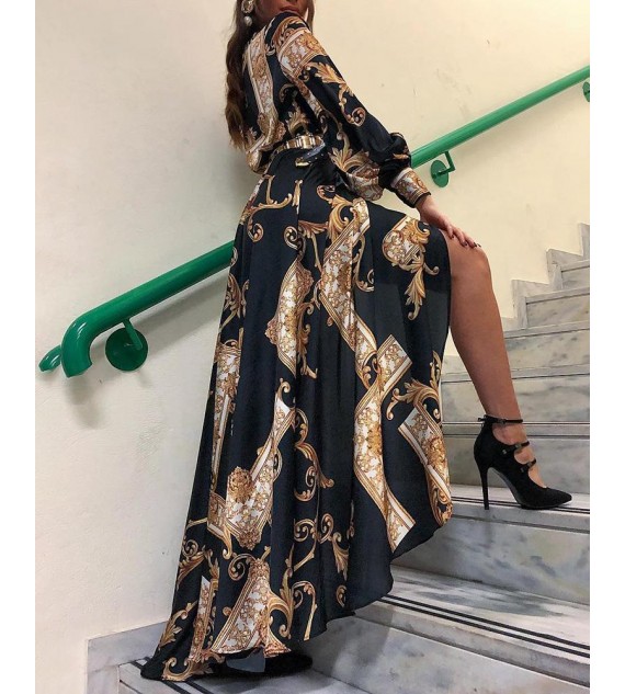 Baroque Print Lantern Sleeve Maxi Dress
