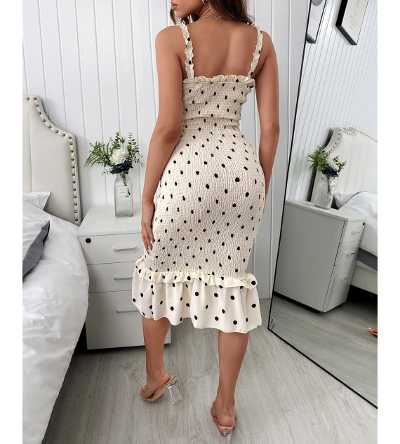 Spaghetti Strap Polkadot Print Shirred Mermaid Dress
