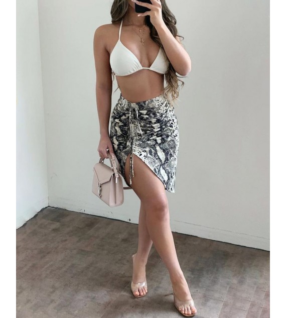 Halter Plain Top & Snake Print Drawstring Skirt Set