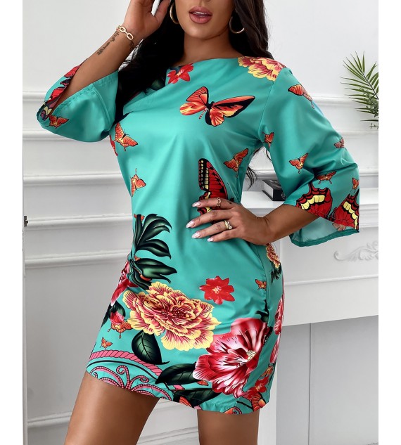 Half Sleeve Butterfly Floral Print Dress