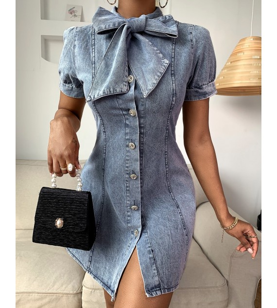 Kd Design Buttoned Short Sleeve Denim Dress