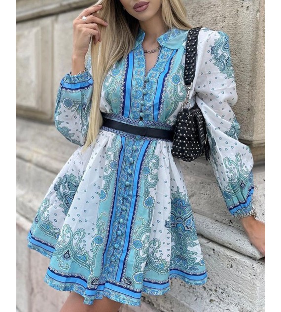 All Over Print Lantern Sleeve Shirt Dress