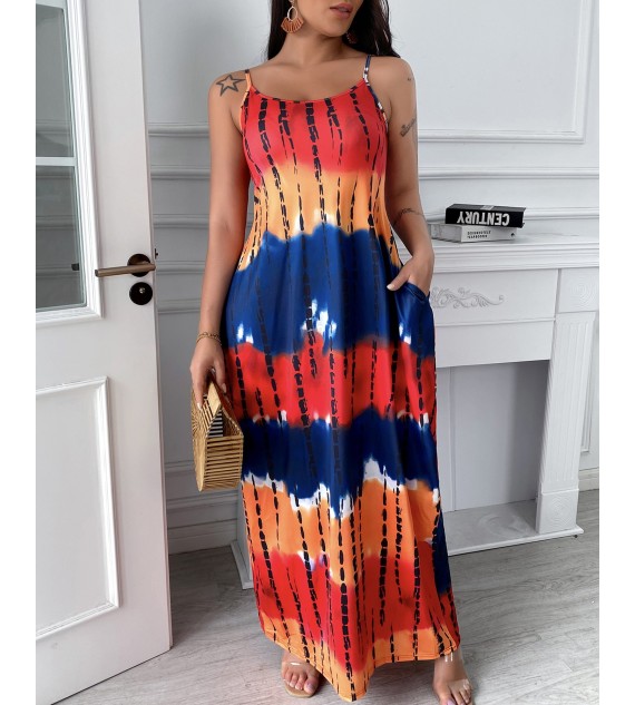 Tie Dye Printed Long Maxi Dress Spaghetti Strap Summer Casual  Beach Party Dress