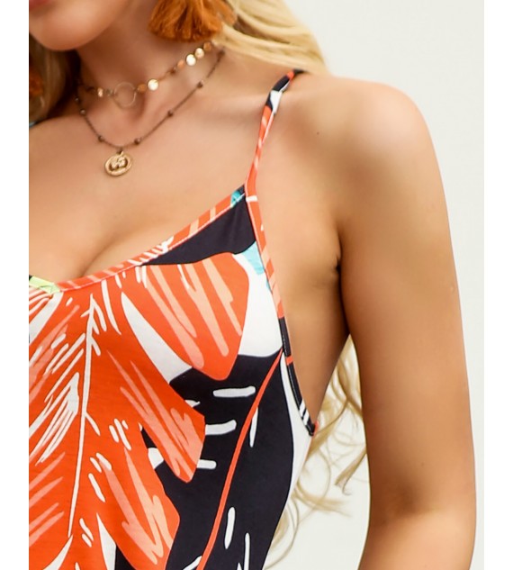 V Neck Dresses Leaf Print Casual Beach Party Swing Dress With Pockets