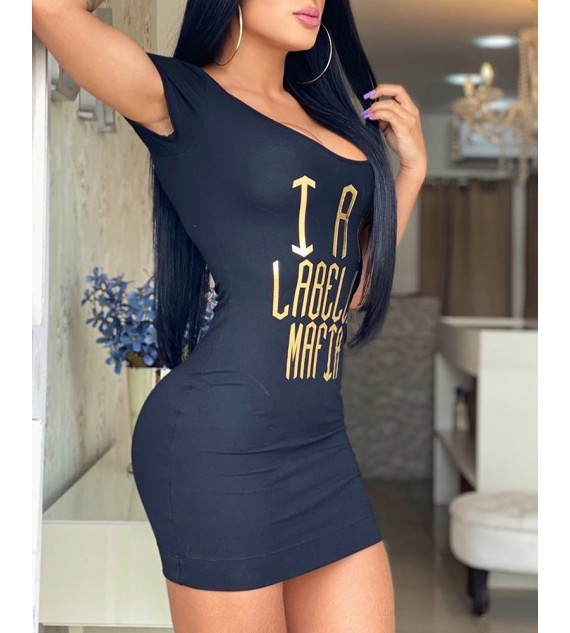 Letter Print Short Sleeve Bodycon Dress