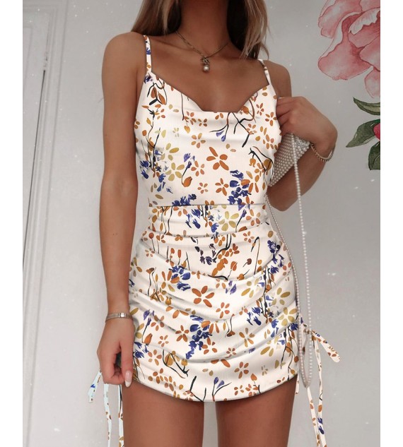 Floral Print Drawstring Ruched Dress