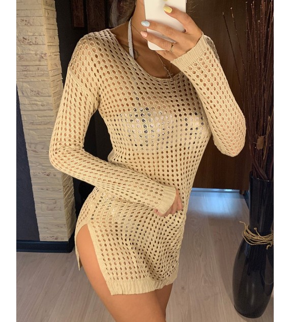 Long Sleeve Hollow Out Slit Cover Up Dress