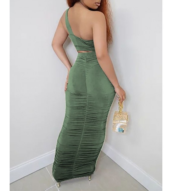 One Shoulder O-Ring Crop Top & Ruched Maxi Skirt Set