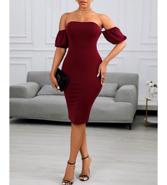 Off Shoulder Plain Zipper Design Back Slit Women Dress