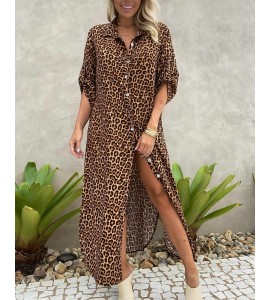 Allover Leopard Print Button Front Shirt Dress