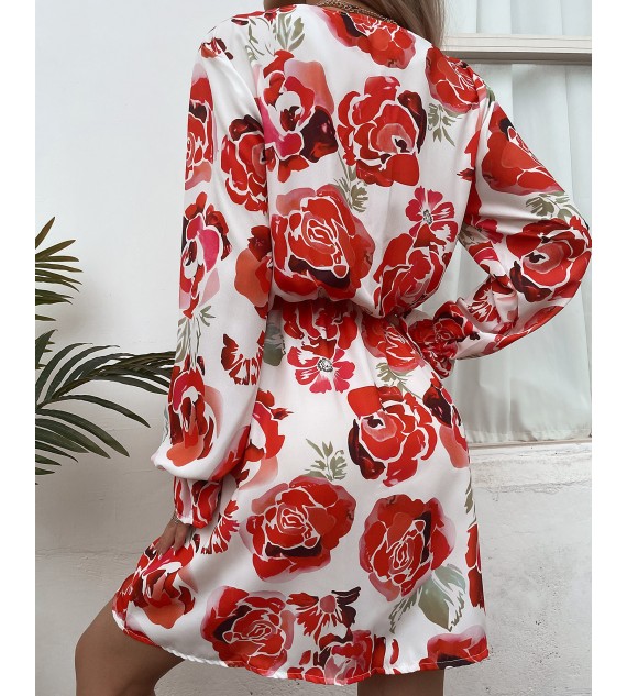 Floral Print Puff Lantern Sleeve V Neck Dress
