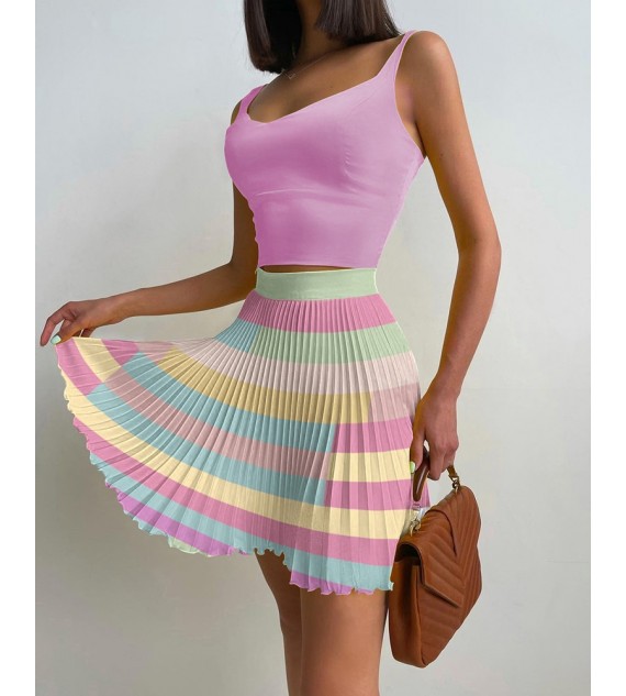 Sleeve Crop Top & Color Pleated Skirt Sets