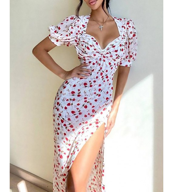 Ditsy Floral Print Ruched Slit Maxi Dress