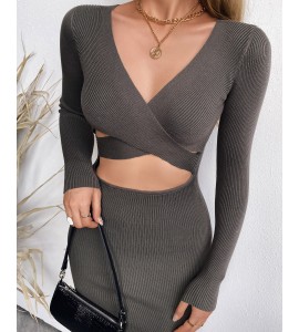 Solid Wrap V-Neck Split Sweater Dress