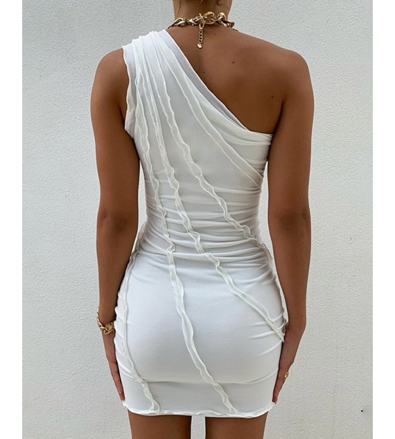 Solid Color Frill Trim One Shoulder Bodycon Mini Dress