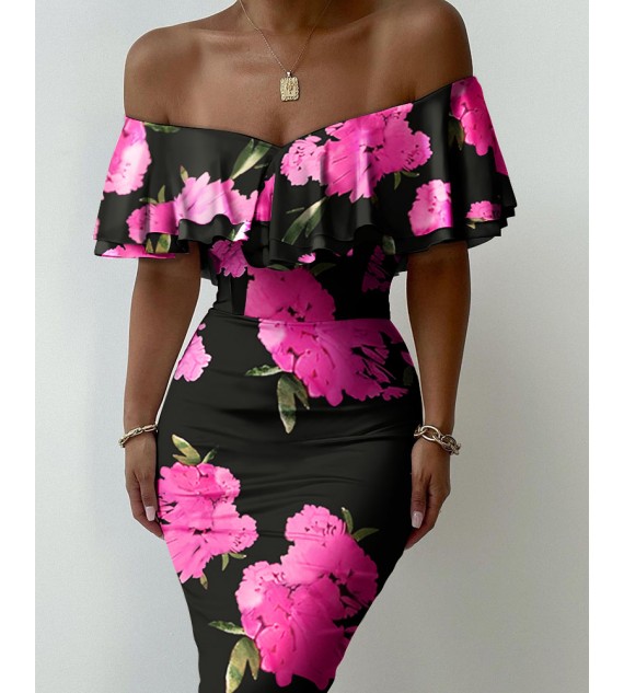 Floral Print Off Shoulder Ruffles ny Dress Slim Bodycon Dress Midi Dress