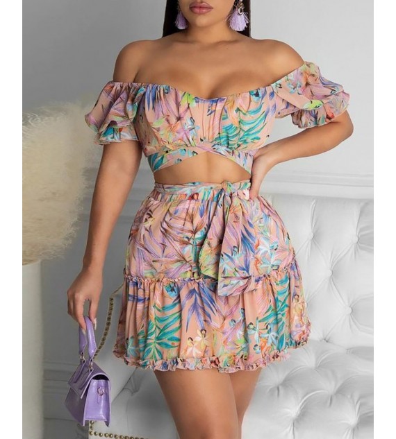 Off Shoulder Floral Print Crop Top & Tied Detail Skirt Sets