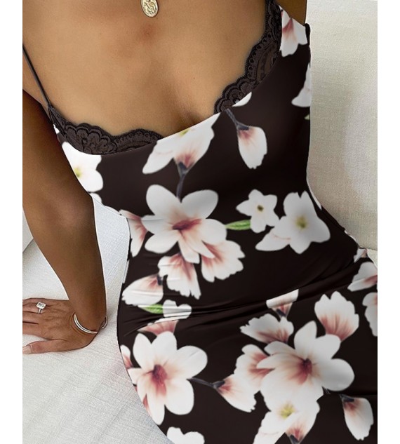 Sleeveless Sling Dress Cami Lace Collar Floral Print Straight Bodycon Dress