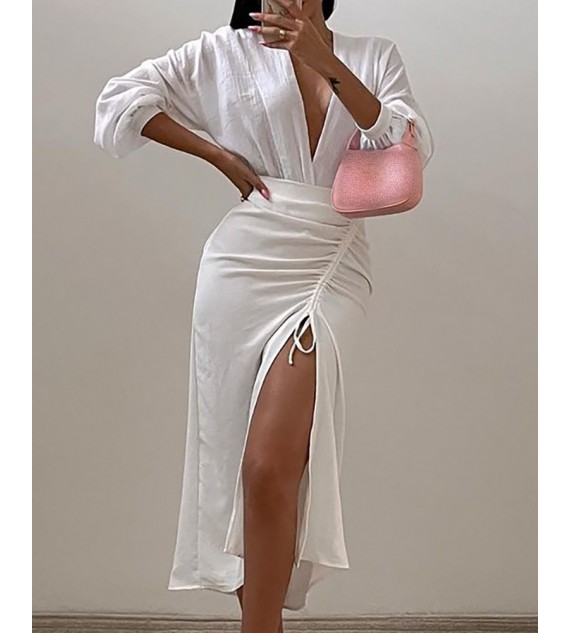 Plunge Long Sleeve Top & Drawstring Slit Skirt Set