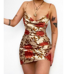 Cowl Neck Floral Leaf Print Satin Dress