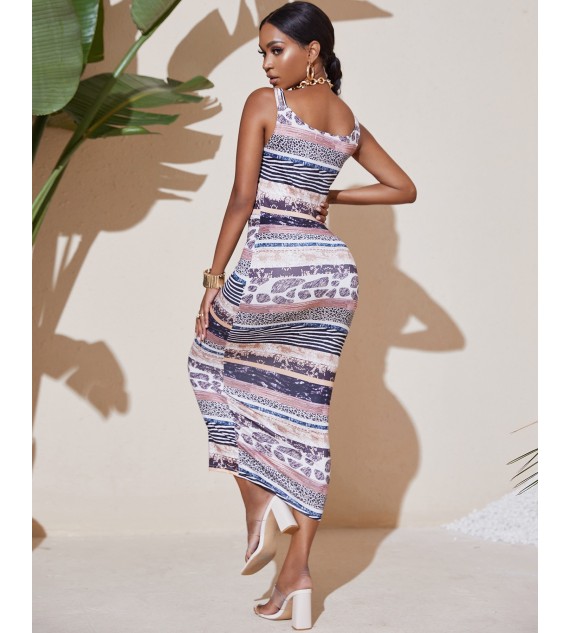 Lace-up Thick Strap Animal Print Dress