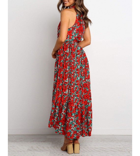 O Neck Sleeveless Floral Print Ruched Maxi Dress