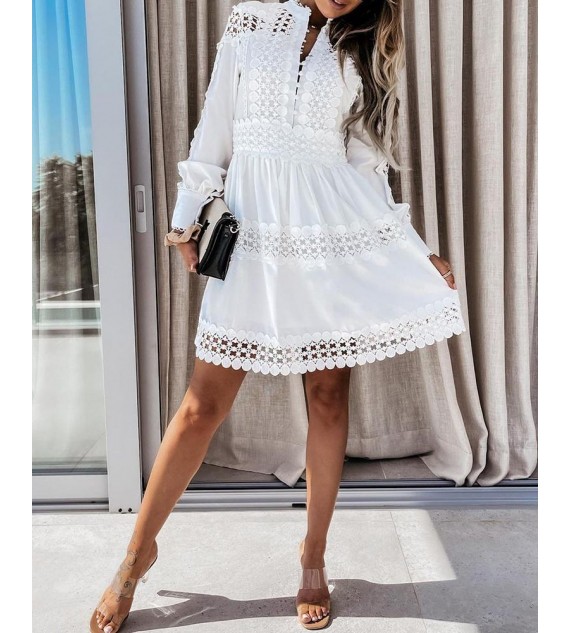 Hollow Out Plain Long Sleeve Shirt Dress