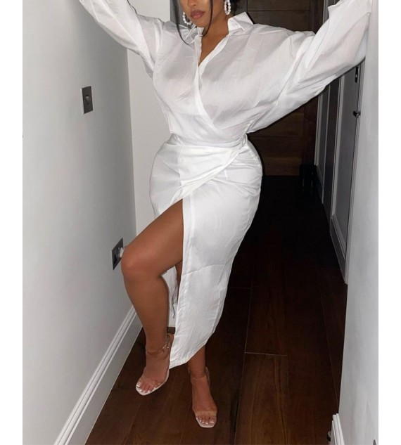 Solid Drop Shoulder Wrap Tie Slit Shirt Dress